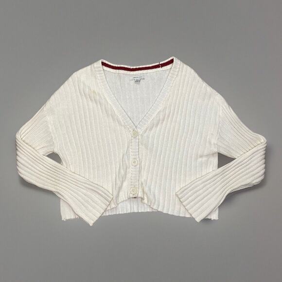 American Eagle Cardigan Women’s Medium Ivory White Button Up V Neck Knit Sweater - Picture 1 of 2